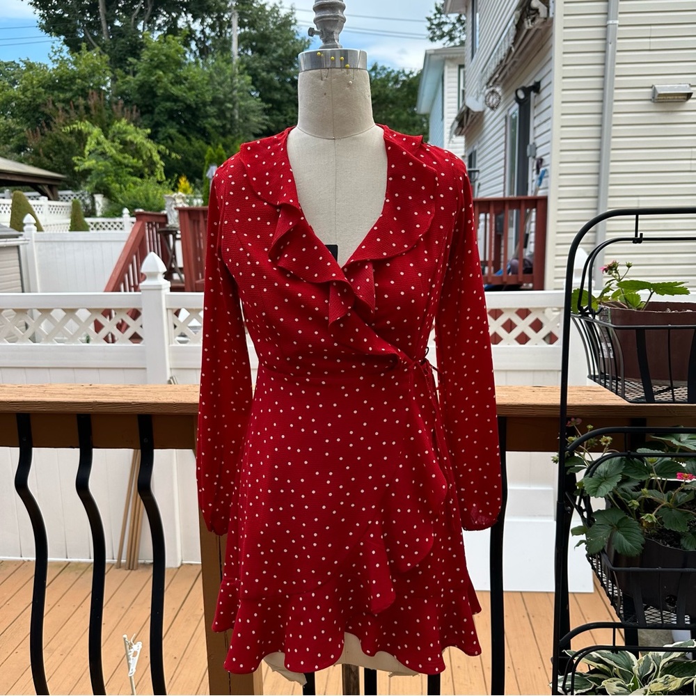 Long Sleeved Little Red Poka Dot Mini Dress in Size Small